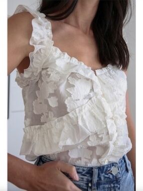 Sezane Alban White Ecru Ruffled Lace Sleeveless Blouse size L